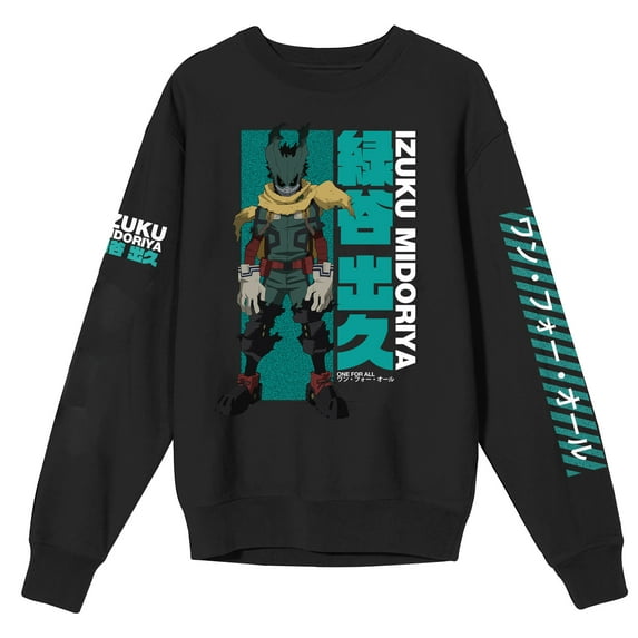 My Hero Academia Dark Deku Kanji Crew Neck Long Sleeve Black Adult Sweatshirt-Large