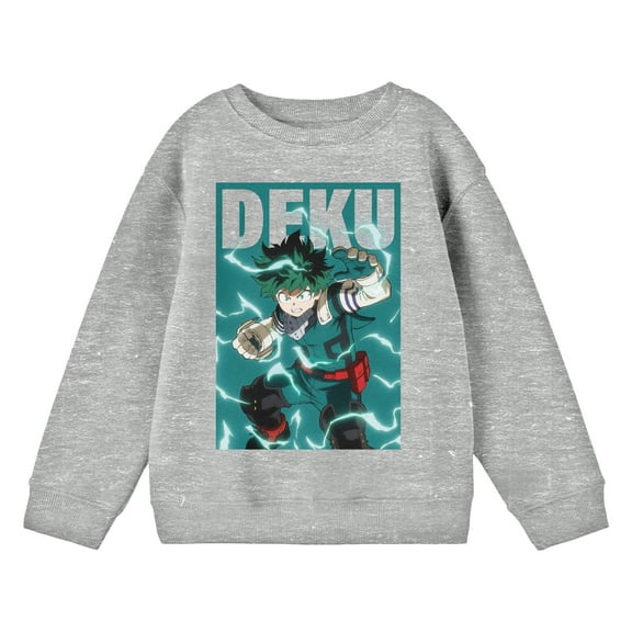 My Hero Academia Deku Fighting Stance Crew Neck Long Sleeve Athletic Heather Youth Sweatshirt-Medium