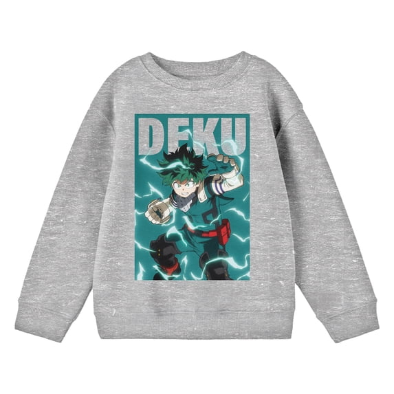 My Hero Academia Deku Fighting Stance Crew Neck Long Sleeve Athletic Heather Youth Sweatshirt-Small