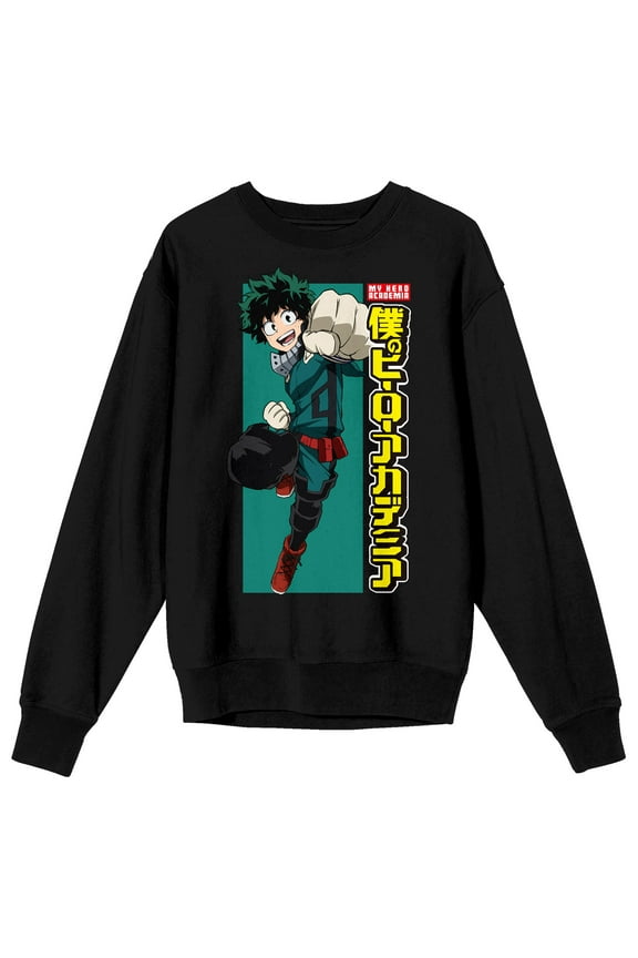 My Hero Academia Deku Logo Crew Neck Long Sleeve Black Adult Sweatshirt-Large