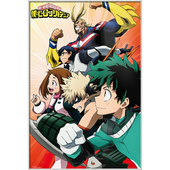 My Hero Academia - Framed Manga / Anime TV Show Poster (The Heroes - Montage) (Size: 25" X 37") (Shiny White Aluminum Frame)