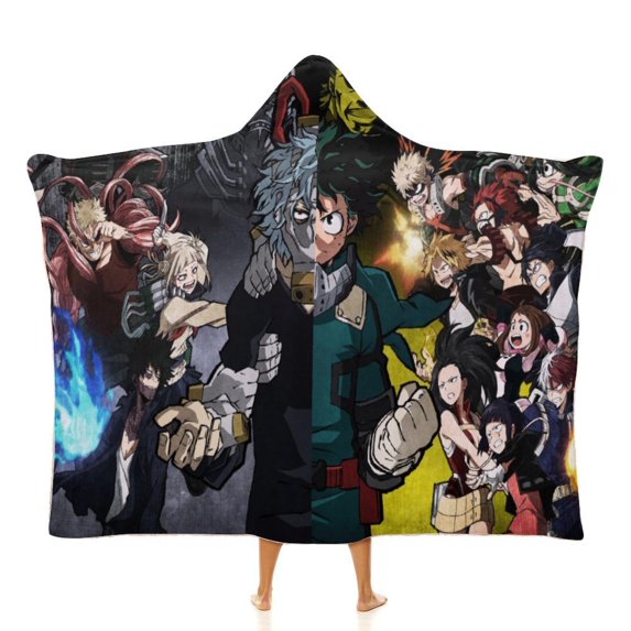 My Hero Academia Hooded Blanket Poncho, Wearable Hooded Blanket Cozy Soft Warm Plush Fleece Blanket for Adult Women Men