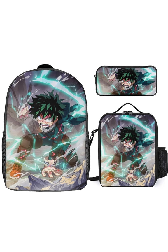 My Hero Academia Izuku Midoriya 3 Piece Backpack Set with Lunch Bag Pencil Case , High Capacity Bookbag with Lunch Box Pen Box Workplace Travel