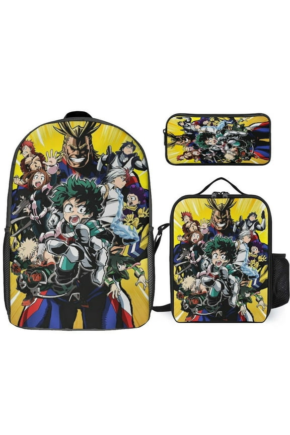 My Hero Academia Izuku Midoriya 3 Piece Backpack Set with Lunch Bag Pencil Case , High Capacity Bookbag with Lunch Box Pen Box Workplace Travel