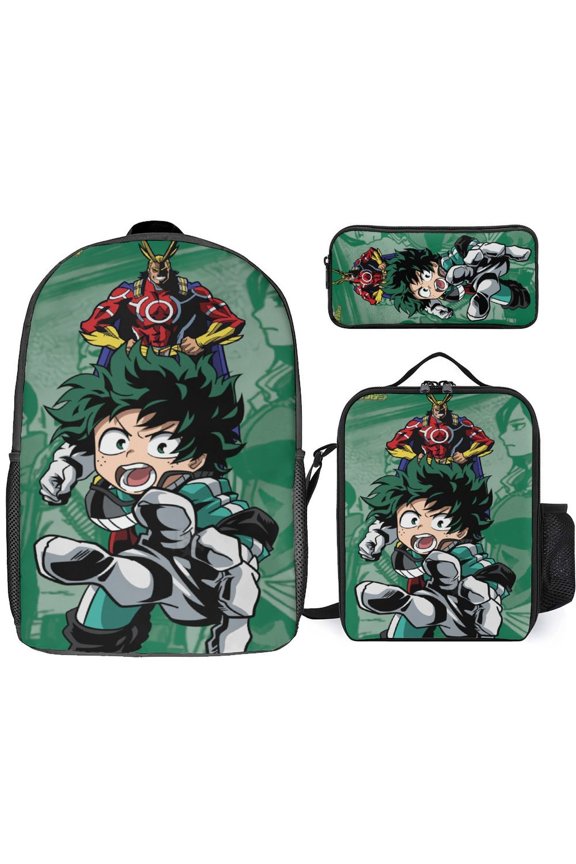 My Hero Academia Izuku Midoriya 3 Piece Backpack Set with Lunch Bag Pencil Case , High Capacity Bookbag with Lunch Box Pen Box Workplace Travel