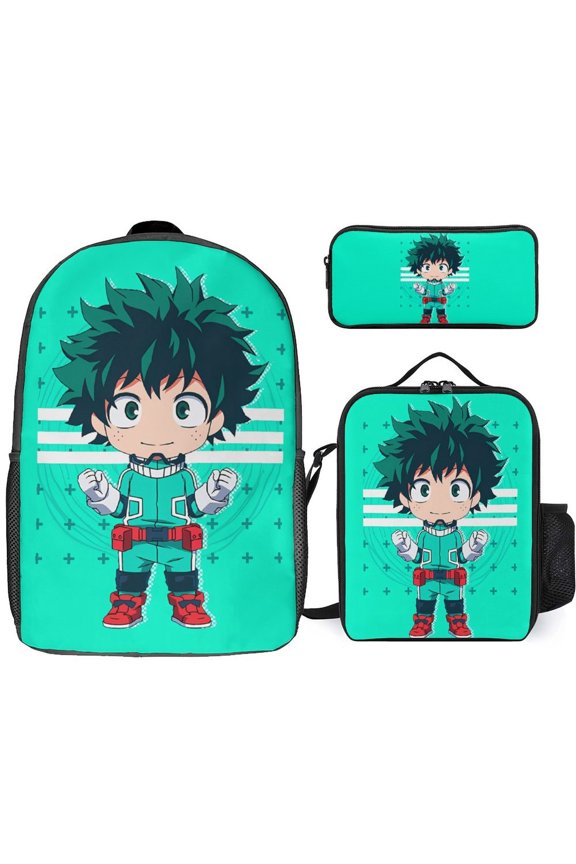 My Hero Academia Izuku Midoriya 3 Piece Backpack Set with Lunch Bag Pencil Case , High Capacity Bookbag with Lunch Box Pen Box Workplace Travel