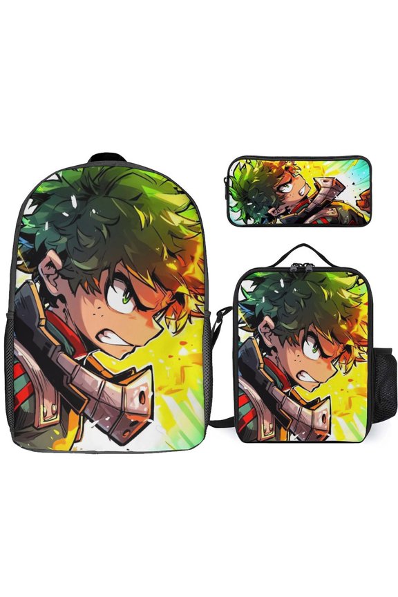 My Hero Academia Izuku Midoriya 3 Piece Backpack Set with Lunch Bag Pencil Case , High Capacity Bookbag with Lunch Box Pen Box Workplace Travel