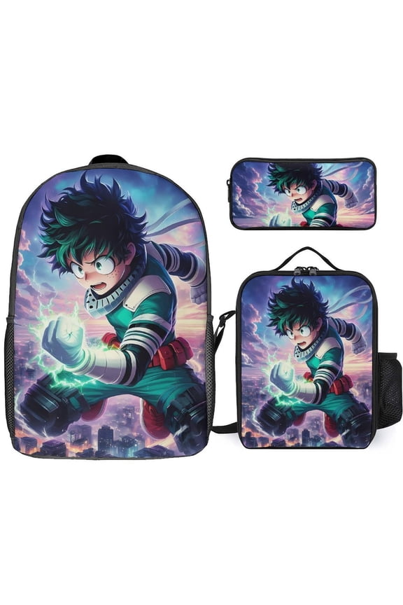 My Hero Academia Izuku Midoriya 3 Piece Backpack Set with Lunch Bag Pencil Case , High Capacity Bookbag with Lunch Box Pen Box Workplace Travel