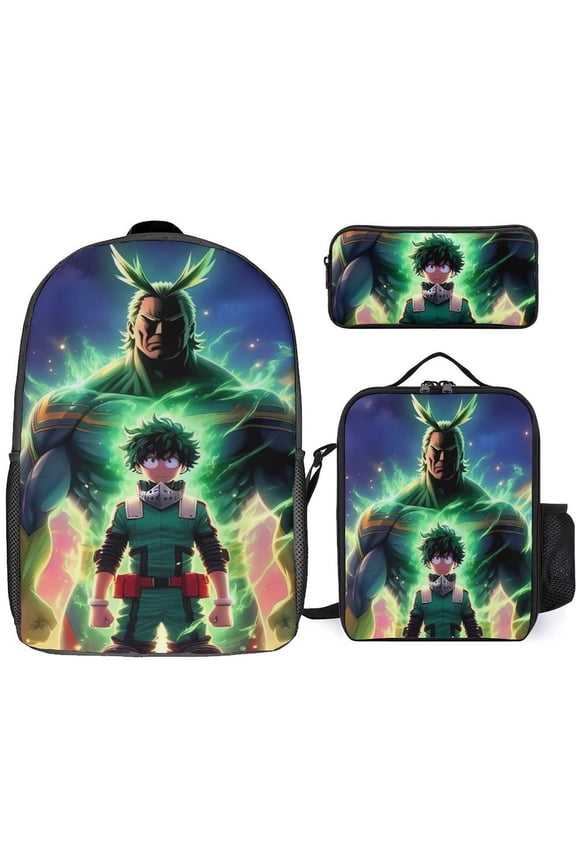 My Hero Academia Izuku Midoriya 3 Piece Backpack Set with Lunch Bag Pencil Case , High Capacity Bookbag with Lunch Box Pen Box Workplace Travel