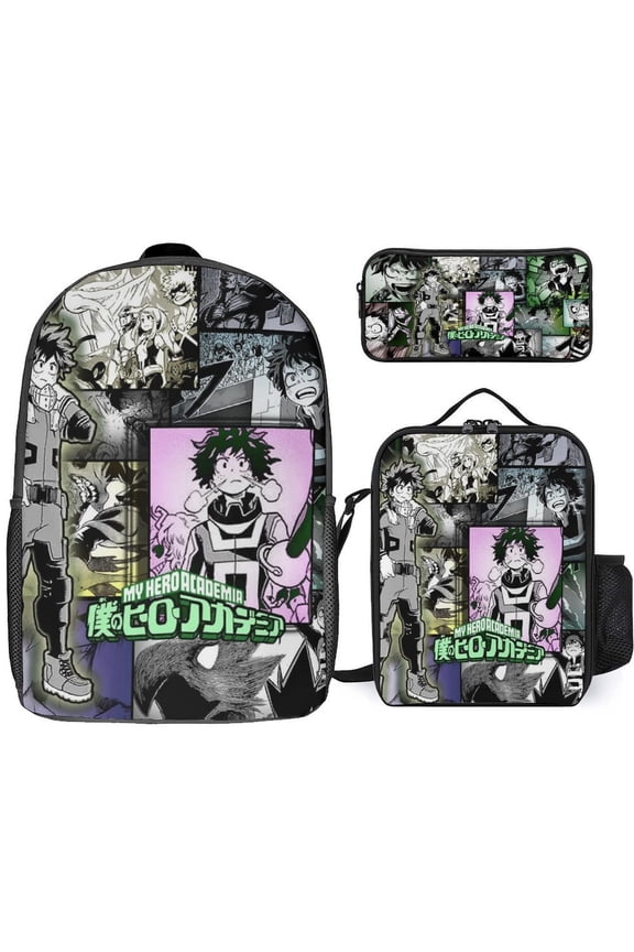 My Hero Academia Izuku Midoriya 3 Piece Backpack Set with Lunch Bag Pencil Case , High Capacity Bookbag with Lunch Box Pen Box Workplace Travel