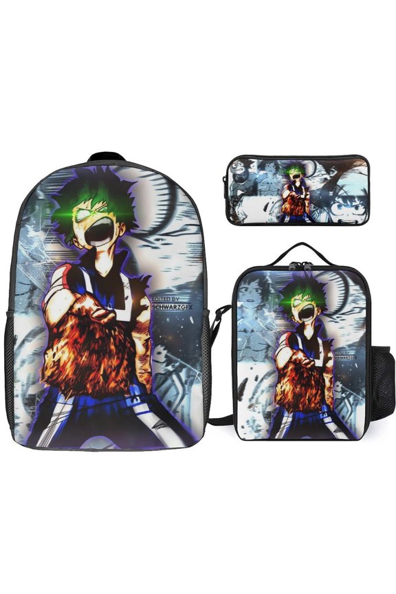 My Hero Academia Izuku Midoriya 3 Piece Backpack Set with Lunch Bag Pencil Case , High Capacity Bookbag with Lunch Box Pen Box Workplace Travel