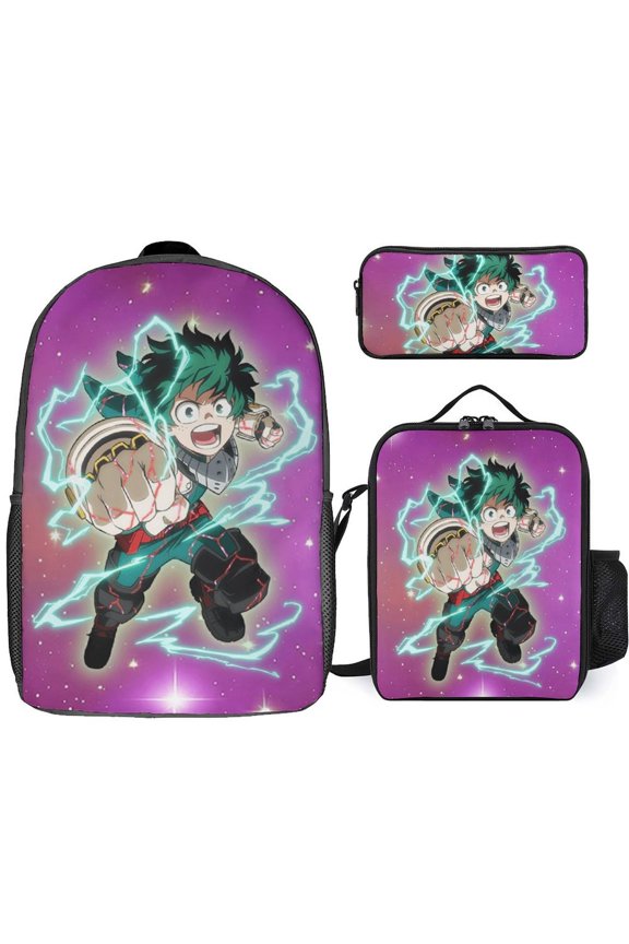 My Hero Academia Izuku Midoriya 3 Piece Backpack Set with Lunch Bag Pencil Case , High Capacity Bookbag with Lunch Box Pen Box Workplace Travel
