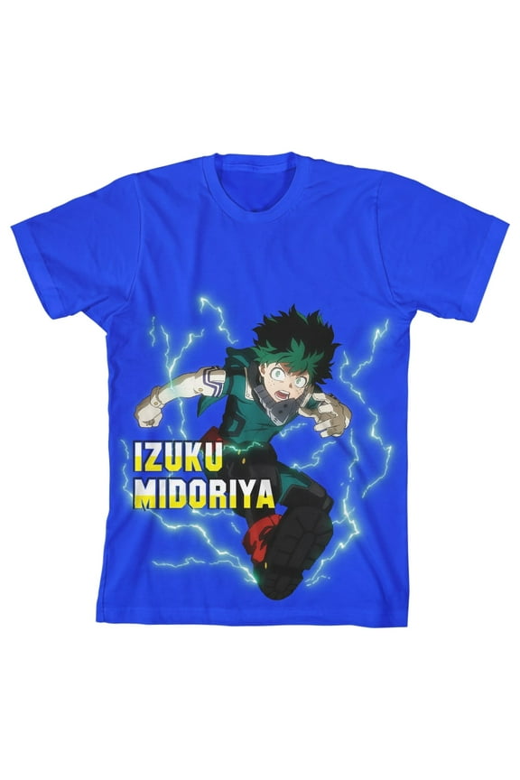My Hero Academia Izuku Midoriya Lightning Background Boy's Royal Blue T-shirt-Medium