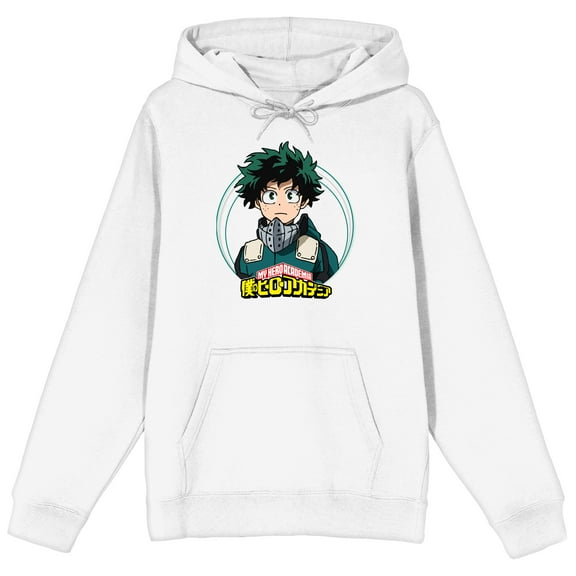 My Hero Academia Izuku Midoriya Logo Long Sleeve Adult White Hooded Sweatshirt-Medium