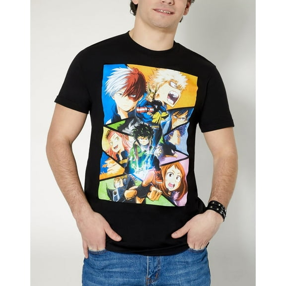 My Hero Academia Japanese Anime Men's Officially Licensed Character Grid Tee T-Shirt (Large, Black)