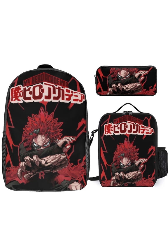 My Hero Academia Kirishima Eijirou 3 Piece Backpack Set with Lunch Bag Pencil Case , High Capacity Bookbag with Lunch Box Pen Box Workplace Travel