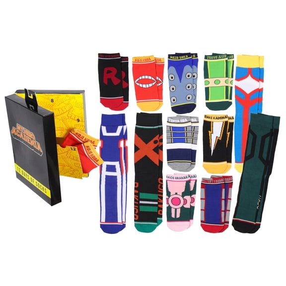 My Hero Academia Men's 12 Days Of Socks Crew and Ankle Mix and Match Gift Box Set 12 Pairs