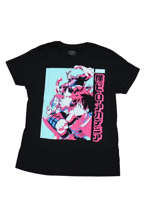 My Hero Academia Mens T-Shirt - Attacking Character Box Pink Blue Group (Large)