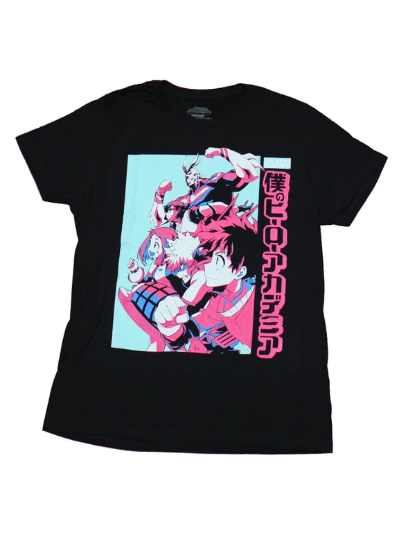 My Hero Academia Mens T-Shirt - Attacking Character Box Pink Blue Group (Large)