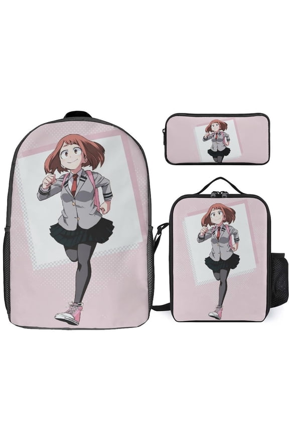My Hero Academia Ochaco Uraraka 3 Piece Backpack Set with Lunch Bag Pencil Case , High Capacity Bookbag with Lunch Box Pen Box Workplace Travel