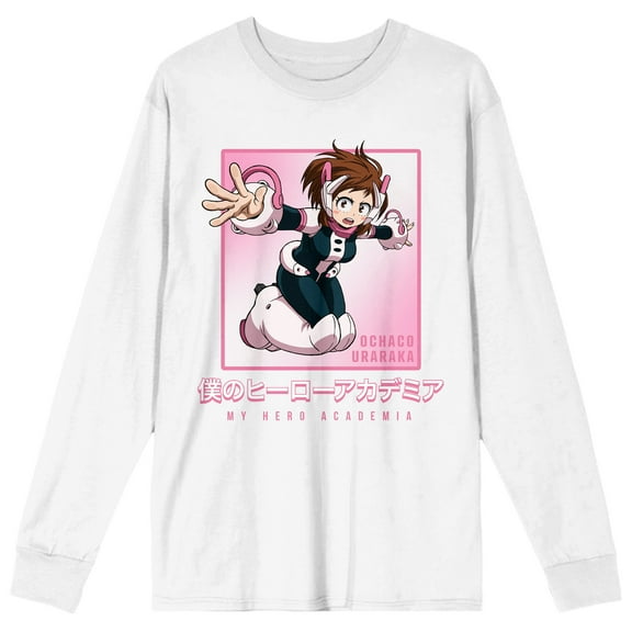 My Hero Academia Ochaco Uraraka Jumping Art Crew Neck Long Sleeve White Adult Tee-Medium