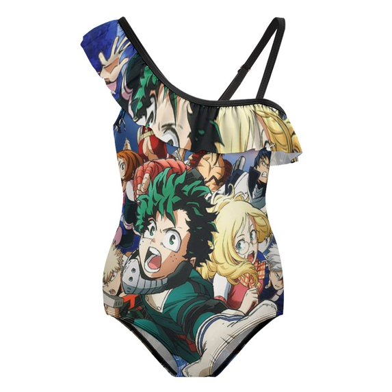My Hero Academia One-Piece Swimsuit for Girls Adjustable One Shoulder Ruffled Swimwear Summer Beach Kids Bathing Suits Sizes 6-12Y
