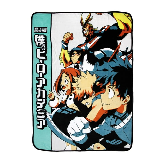 JUST FUNKY My Hero Academia Chibi Blanket [Blue Grey 46"x60"] Feat. All Might, Bakugo, Todoroki, Shoto, Deku, Isuku, and More! MHA Travel Throw, Anime Plush Blanket (Officially Licensed)