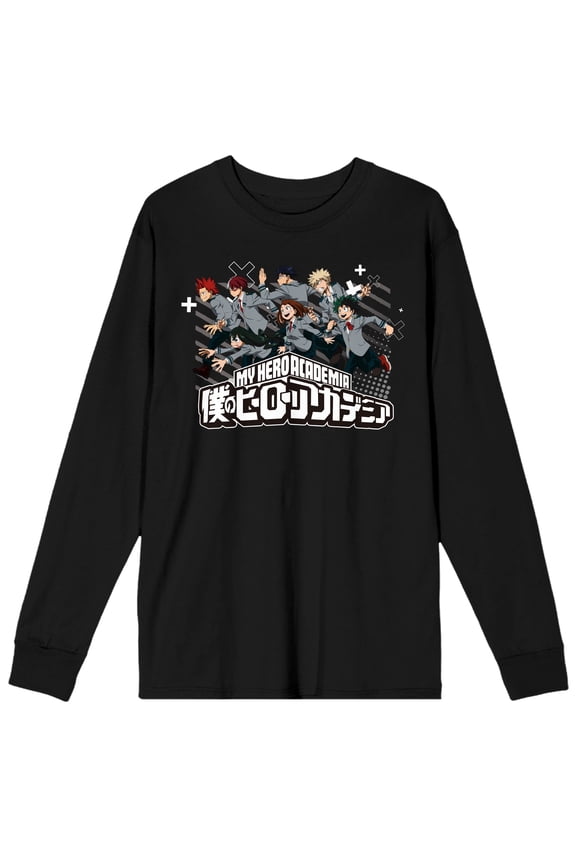 My Hero Academia Students Running On Logo Crew Neck Long Sleeve Black Adult Tee-Medium