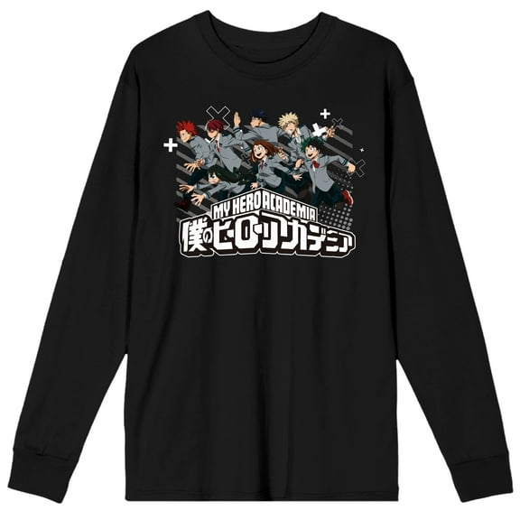 My Hero Academia Students Running On Logo Crew Neck Long Sleeve Black Adult Tee-XL