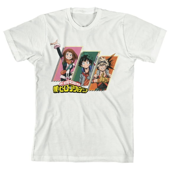 My Hero Academia Uraraka Deku & Bakugo Crew Neck Short Sleeve Boys' White T-shirt-XL