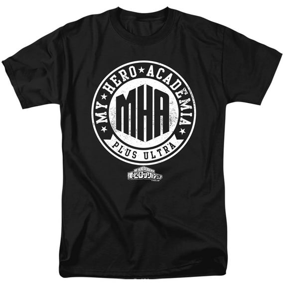 My Hero Academia Vintage MHA Plus Ultra Badge Unisex Adult T Shirt, Black, Small