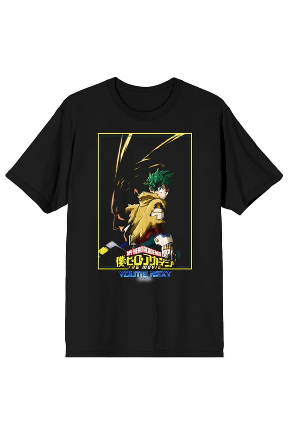 My Hero Academia: You're Next (Movie 4) Deku All might Logo text on Black Ground Adult Crew Neck Short Sleeve T-shirt - Small