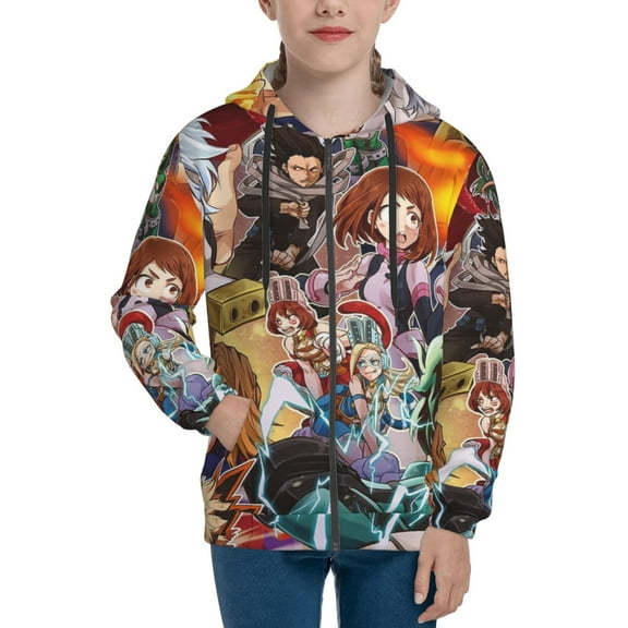 My Hero Academia Youth Sweatshirt 3D Printed Hoodie Activewear Teenager Winter Full-Zip Drawstring Jacket Coats Active Pullover Hooded Blouse For Boys Girls Small
