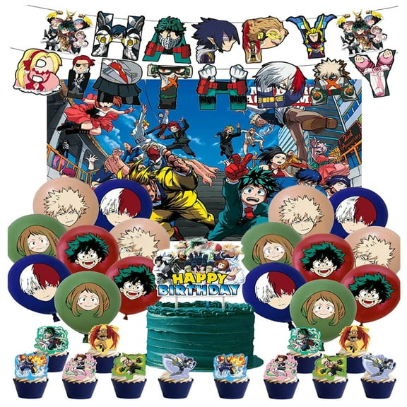 My Hero Academia themed party decorations, holiday party decorations, balloons, decorative backgrounds, birthday banners, cake decorations