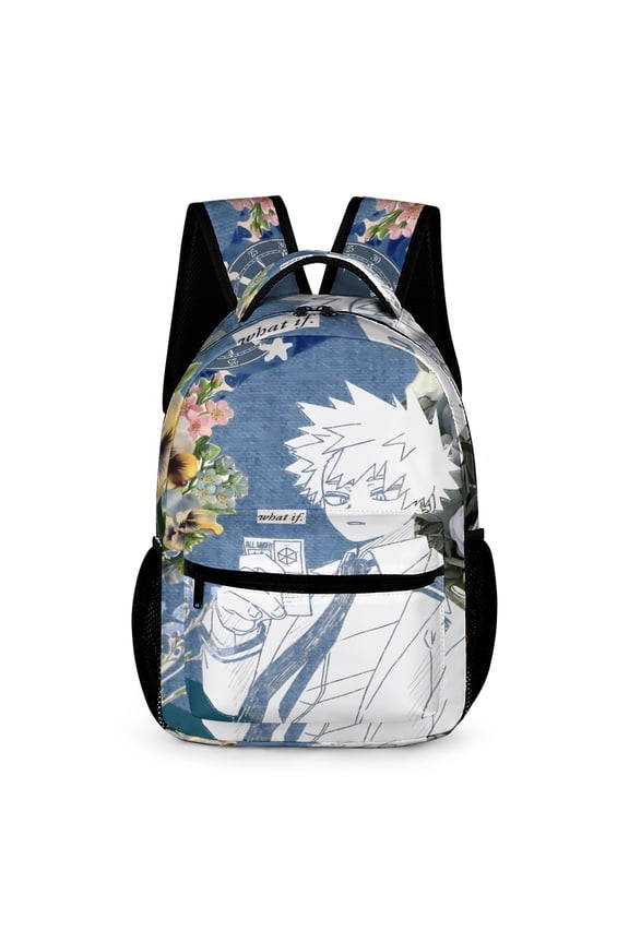 My Hero Anime-style backpack with comic-book aesthetics; unisex casual daypack.