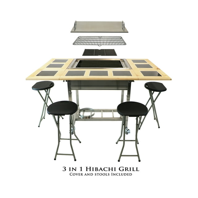 My Hibachi BBQ - Outdoor 3-in-1 Sit Around Grill w/ Flat Top Griddle, BBQ Rack and Cast Iron Burner - Portable for Tailgating