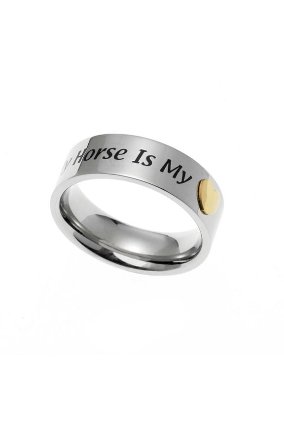 My Horse is Heart Stainless Steel & Gold-Plated Ring - Equestrian Jewelry Gift size 7
