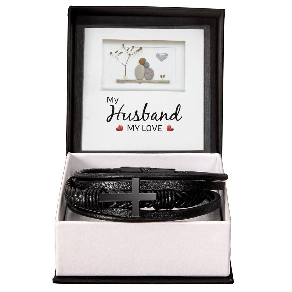 My Husband My Love Men's Cross Bracelet - Vegan Leather with Stainless Steel