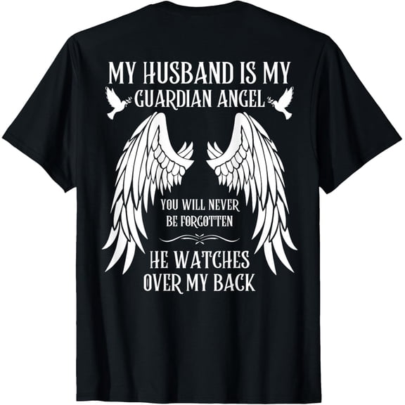 My Husband is My Guardian Angel In Heaven Memory Memorial T-ShirtMen and women, Black T-shirt, size: Extra large