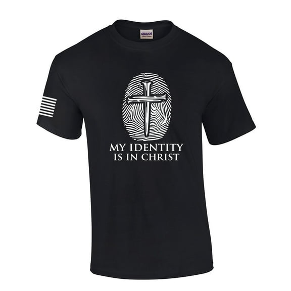 My Identity Is In Christ Nail Cross Fingerprint Mens Christian Short Sleeve T-Shirt Graphic Tee-Black-small