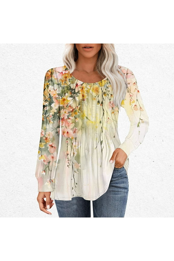 My Items Ordered by Me Recently Sweatshirts Women Trendy Pleated Round Neck Top Print Long Sleeved shirt