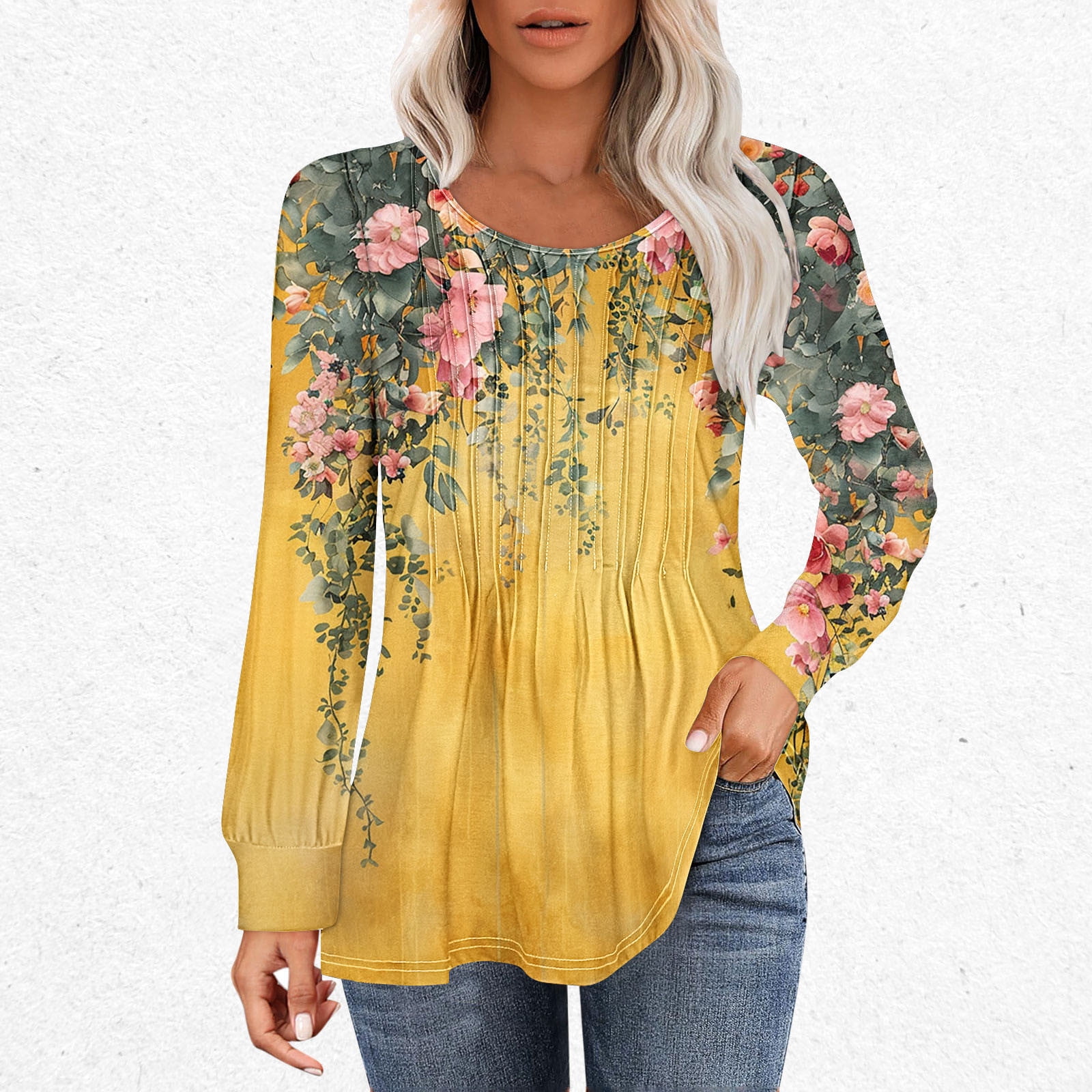 My Items Ordered by Me Recently Thin Long Sleeve Shirts Women Pleated Round Neck Top Print Long Sleeved shirt