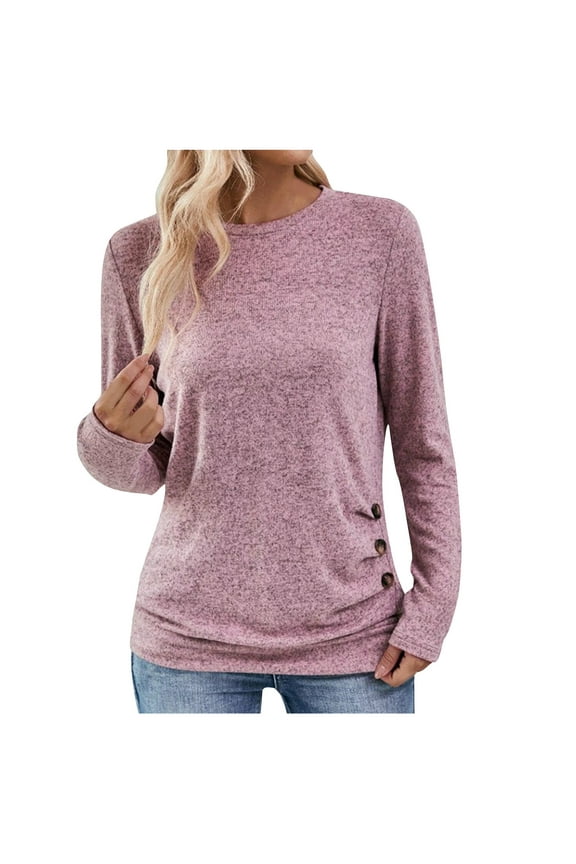 My Items Saved for Later Long Sleeve Pullover Tops for Women Button Round-Neck Long Sleeve T-shirt Top Solid Blouse