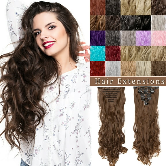 My-Lady 17-24Inch 8Pcs/set 18Clips in Long Wavy Synthetic Hair Extension Fiber Thick Double Weft Hair Hairpieces for Women Full Head Highlights Brown Black