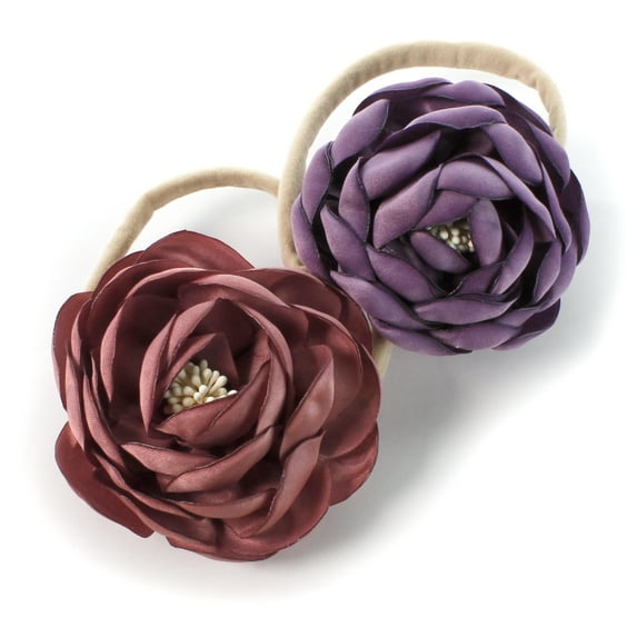 My Lello Baby Girl Ranunculus Flower Stretchy Nylon Elastic Headbands Set 2pcs - Medium - Cinnamon Rose / Amethyst