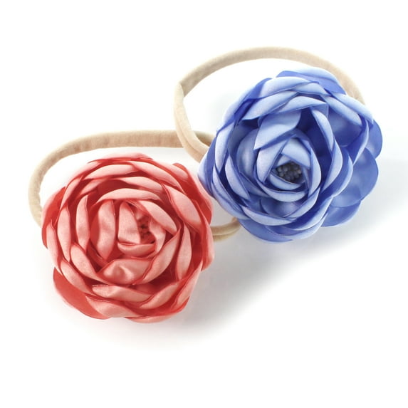 My Lello Baby Girl Ranunculus Flower Stretchy Nylon Elastic Headbands Set 2pcs - Medium - Light Coral / Cornflower Blue