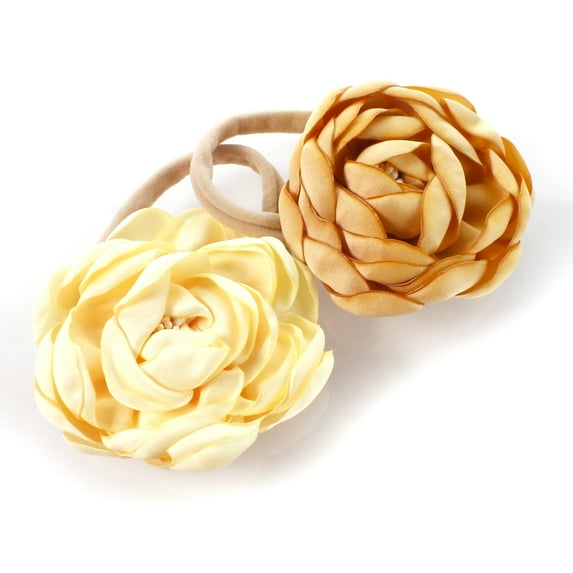 My Lello Baby Girl Ranunculus Flower Stretchy Nylon Elastic Headbands Set 2pcs - Medium - Light Gold / Buttercream