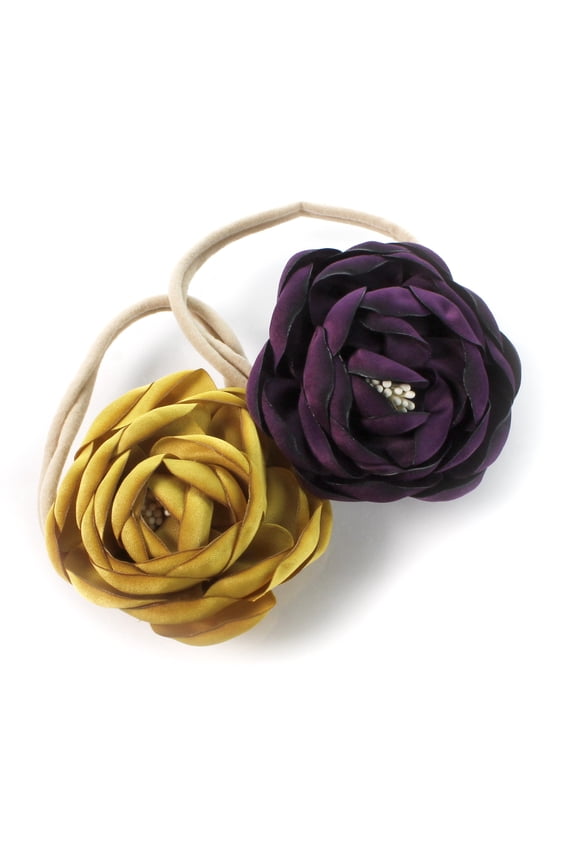Baby Girl Ranunculus Flower Stretchy Nylon Elastic Headbands Set 2pcs - Medium - Mustard Yellow / Plum