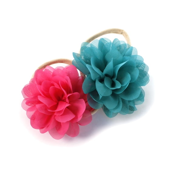 My Lello Baby Girl Rounded Petal Chiffon Flower Nylon Elastic Headbands Set 2pcs - Large - Hot Pink / Turquoise