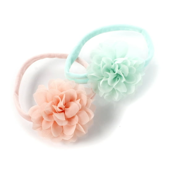 My Lello Baby Girl Rounded Petal Chiffon Flower Nylon Elastic Headbands Set 2pcs - Small - Blush Pink / Mineral Ice
